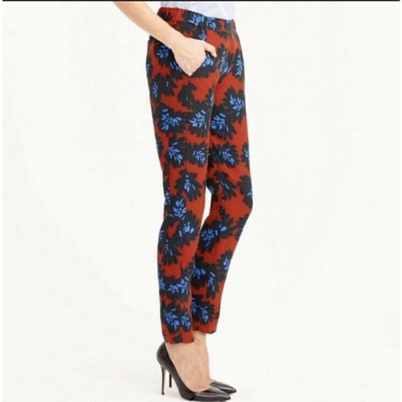 J. CREW Joggers Red Blue Floral Elastic Waist Ankle Crop Dress Pants Flower 00 - Picture 1 of 12